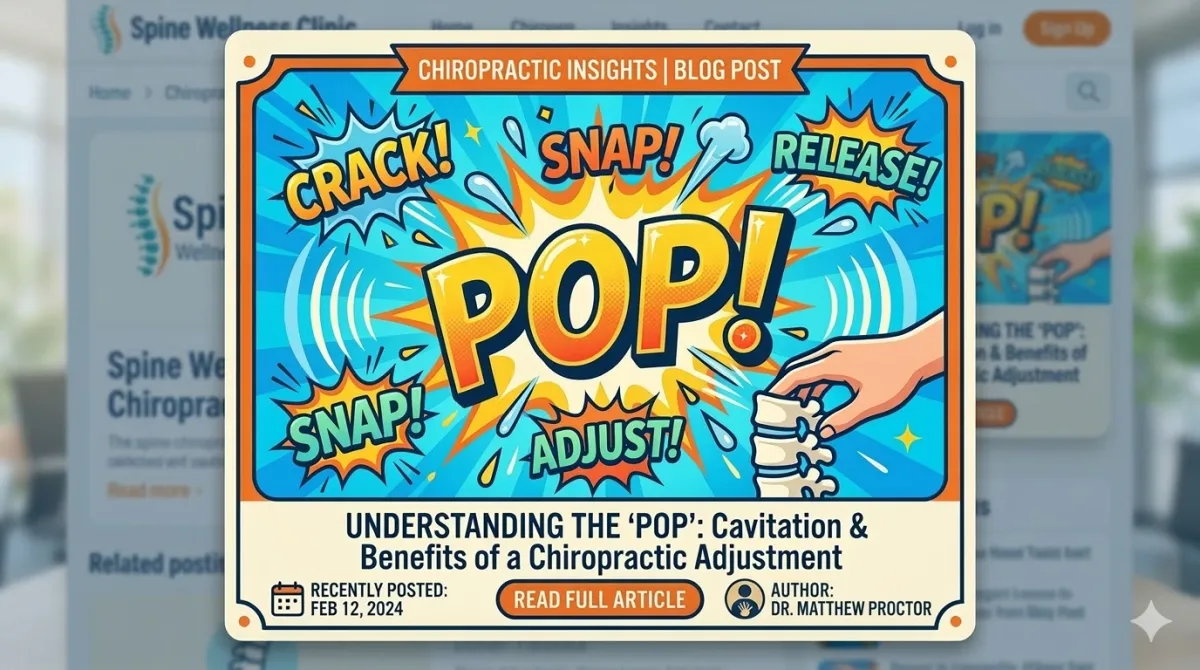 Comic style illustration of a chiropractic adjustment with pop and crack sound effects
