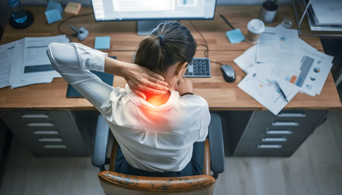 Woman sitting at a desk holding her neck in pain from prolonged sitting