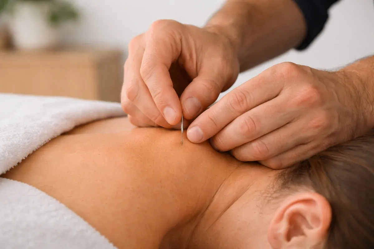 Dry needling treatment being applied to a patient's upper back for myofascial trigger point release