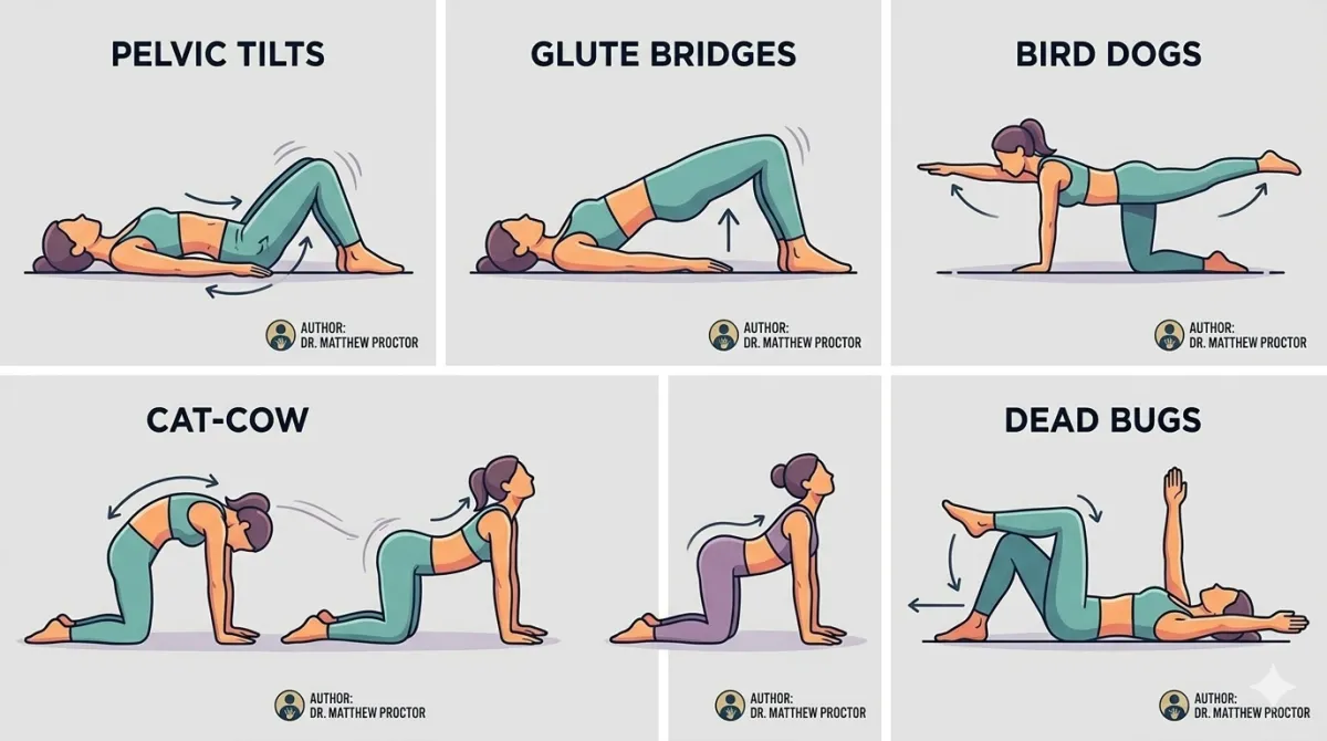 Illustration of simple exercises for low back pain relief